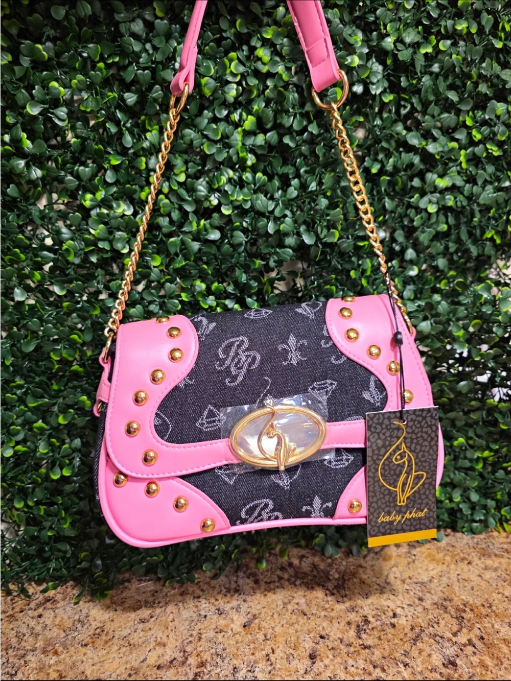 NWT Baby Phat Pink/Black Logo Rectangle Shoulder Bag Zip Studded Gold Chain